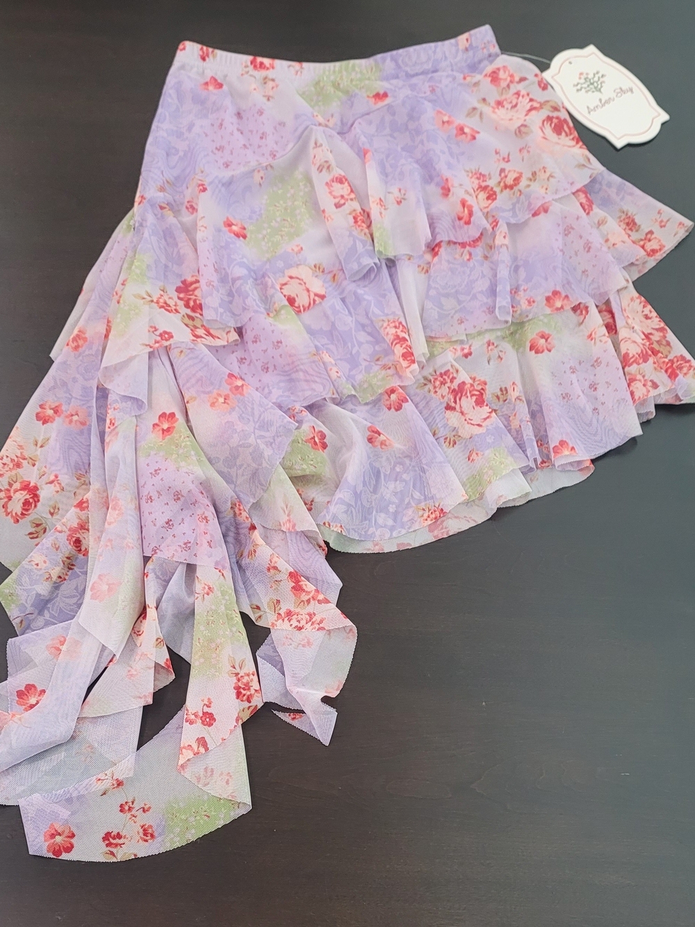 New Lavender Floral Ruffle High-Low Skirt